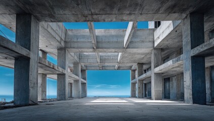 Empty concrete construction site, interior view.  Vast open space,  exposed framework,  blue sky,  horizon