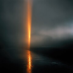 A vibrant, vertical shaft of orange light pierces a thick fog over water