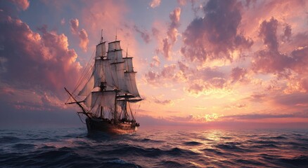 Fototapeta premium A majestic sailing ship glides across a serene ocean at sunset. Vast, billowing, pink-hued clouds fill the sky above the vessel, highlighting the warm golden light of the setting sun. 