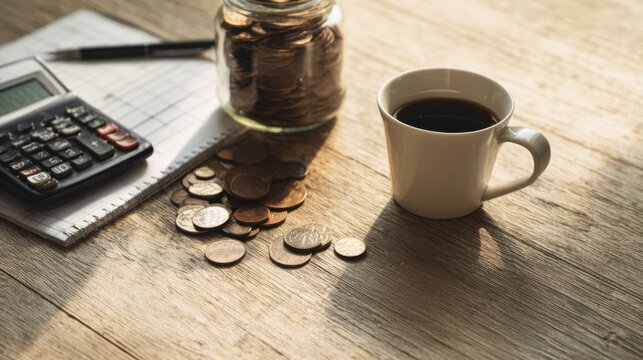 The coffee cup and coins on a wooden desk for finance planning