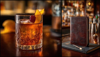 A rich Old Fashioned cocktail and a leather-bound book