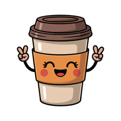 A cute kawaii coffee cup cartoon character with a happy smiling face making peace signs. A cheerful takeaway drink vector illustration