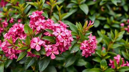 A close-up captures the vibrant pink weigela flowers in full bloom surrounded by lush greenery.