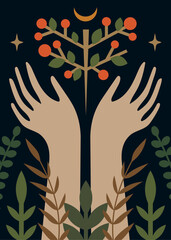 Hands Holding Branch with Red Berries Vector Illustration. Stylized vector illustration of hands holding a tree with red berries, surrounded by leaves and stars on a dark background.
