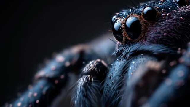 Alien-Like Spider in Extreme Macro: A Cinematic Reveal of Its Multiple Eyes and Dew-Covered Hairs