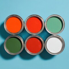 Six paint cans in a grid pattern, showing different colors on a light-blue background