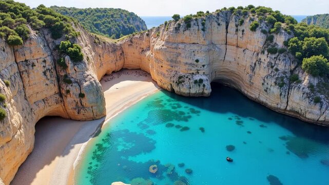 Stunning Greece aerial drone footage captures secluded coves nestled within majestic towering limestone cliffs for breathtaking travel inspiration.