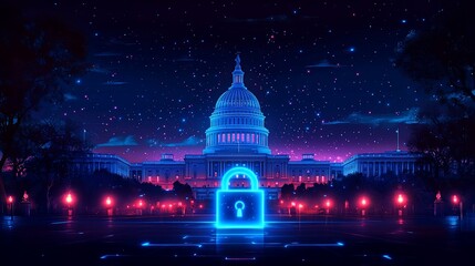 A glowing digital lock superimposed before a government building at night with neon lights and starry sky