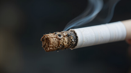 Close-up of a finger holding a used cigarette butt with a burnt filter against a blurred background