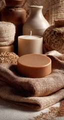 A round, light brown soap bar rests on a stack of brown textiles, surrounded by terracotta and cream-colored pottery and candles.  Warm, earthy tones