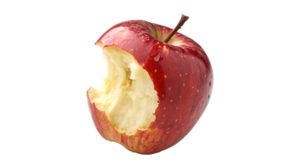 Red apple with a bite taken out, showcasing its juicy flesh and crisp texture on transparent background