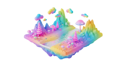 Whimsical and Dreamlike Landscape Depicting a Candy-Colored Fantasy World