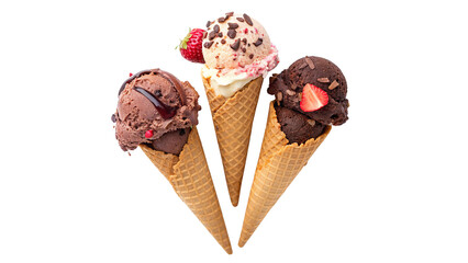 Delicious assortment of three ice cream cones featuring chocolate, strawberry, and vanilla flavors with toppings on transparent background