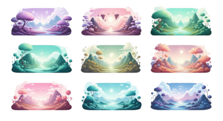 Collection of whimsical cartoon landscape frames with stylized trees and mountains