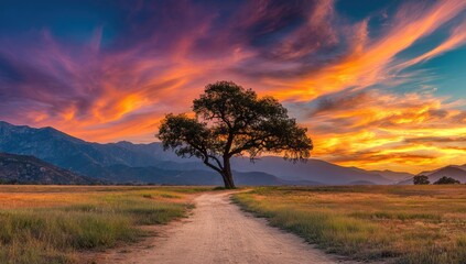 Fototapeta premium Sunset over mountains, lone tree, dirt path