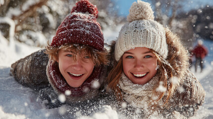 romantic couple playfully having fun in a snowy park while throwing snowballs at each other, joyful expressions and happy emotions during winter season