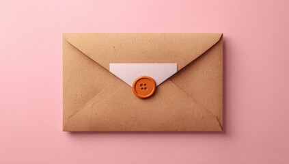 A kraft paper envelope, closed, with a white label and orange button