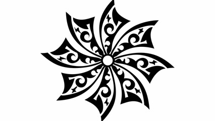 Stylized black and white floral design with swirling patterns radiating from a central circle shape silhouette