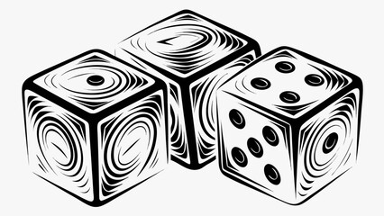 Three stylized dice with circular patterns and dots in black and white illustration style design art silhouette