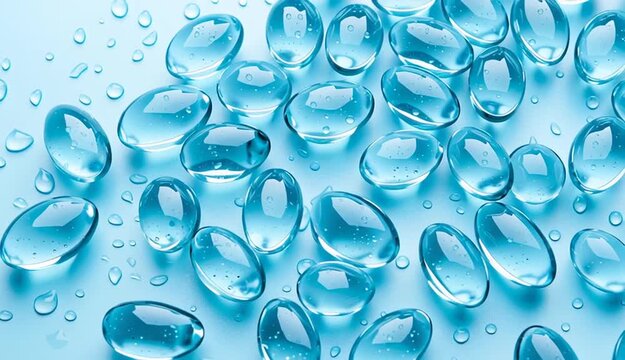 Blue omega-3 fish oil capsules scattered on light blue background, transparent gel capsules, soft gel pills, vitamin supplements