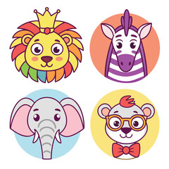Obraz premium Adorable cartoon animal avatars: lion, zebra, elephant, and bear; vibrant colors, cheerful expressions, perfect for children's products, educational materials, or playful branding.