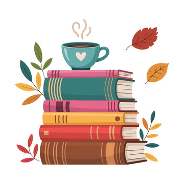 A cozy autumn scene with a stack of colorful books, a steaming cup of tea, and falling autumn leaves and berries vector illustration