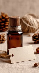 Amber glass bottle with wooden cap, nestled among pine cones and twine, sits on a beige fabric backdrop.  A blank tag rests nearby