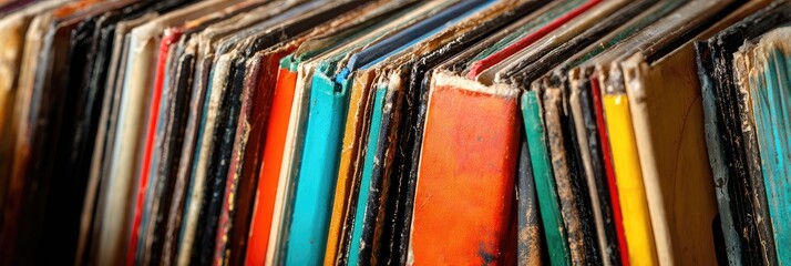 Close-up of many vertically stacked, colorful items, likely records or books, showing varied covers, some with signs of age or wear