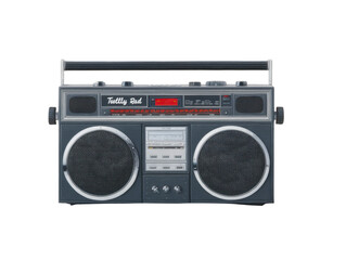 Vintage boombox retro cassette player large speakers black and silver portable audio device nostalgic 1980s style classic music equipment isolated on transparency background