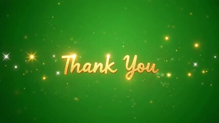 Golden thank you text with sparkling effects on a vibrant green background animation loop