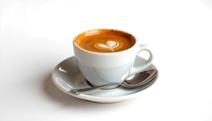 Obraz premium A perfectly crafted cup of coffee, complete with latte art, sits on a saucer, alongside a spoon, evoking a sense of warmth and comfort
