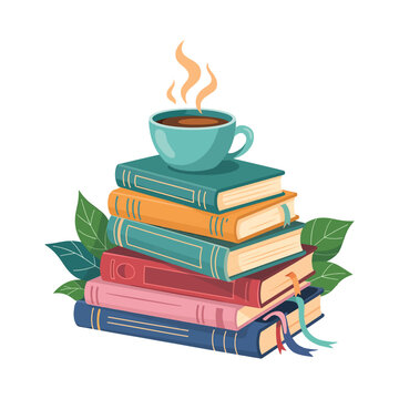 A stack of colorful books with a steaming cup of coffee or tea on top, surrounded by green leaves. A cozy reading concept vector illustration