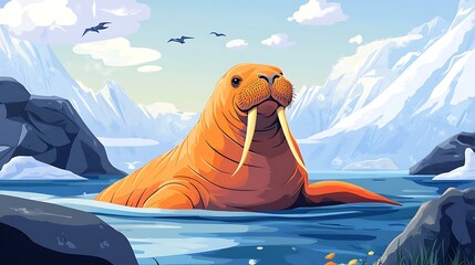 Walrus in arctic landscape illustration