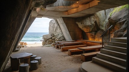 Cave-like seating area with beach view; stairs to right, concrete and sand