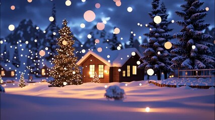 Glowing lights highlighting snow covered mountain cabin with decorated christmas tree, radiating festive winter warmth holiday and charm video 4k - Powered by Adobe