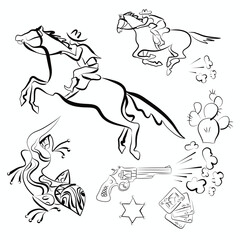 Wild West doodle set. Funny vector set of hand drawn cowboy elements. Cowboy theme. Collection with guns, horse, cowboys, cactus, smoke, playing cards, sheriff star, lizard. Isolated illustration