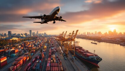 Aerial view of a cargo port at sunset with an airplane overhead