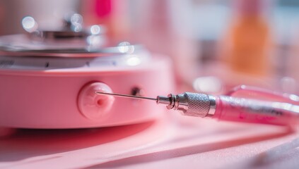 Close-up of a pink device and a syringe.  A small, pink, round device, resembling a miniature hotplate or incubator, is in focus. 