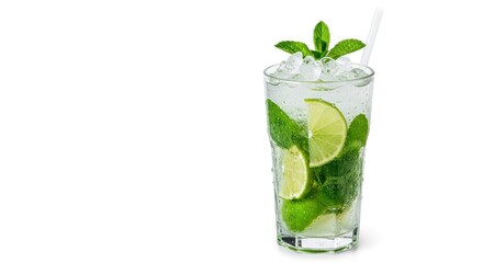 Icy Fresh Mojito Cocktail with Vibrant Mint and Lime Slices Isolated on a Clean White Background