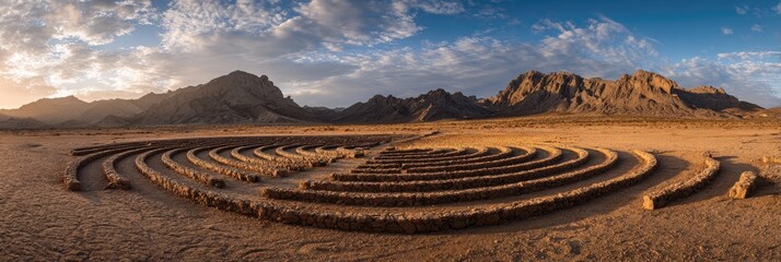 Ancient spiral maze in a desert landscape.  Vast arid plain with concentric stone walls forming a spiral maze. Dramatic mountain range stretches in the background, under a partly cloudy sky at sunset