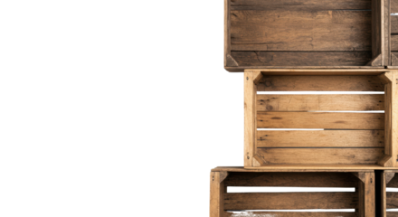 Stack of rustic wooden storage crates isolated on white background with copy space