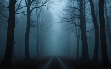 Obraz premium Dark forest covered with fog. High quality