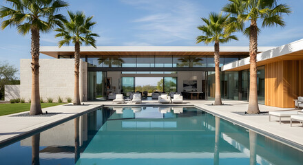 Modern luxury home with a swimming pool and palm trees in the backyard