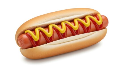 Pristine American Hot Dog with Vibrant Ketchup and a Perfect Mustard Zigzag on White.