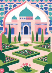 mosque with flower garden Illustrator Artwork design template poster