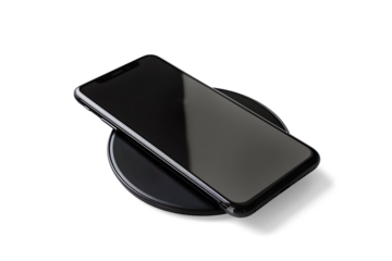 Black Smartphone on Wireless Charging Pad on a transparent background