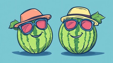 Watermelon cartoon characters wearing hats and sunglasses