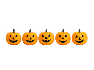 Five carved pumpkin jack o lanterns with happy faces, orange color, isolated on transparency background, symbolizing Halloween celebration and festive autumn mood