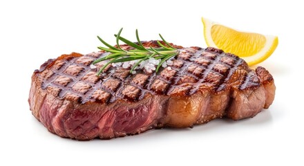 Succulent Medium-Rare Beef Steak with Diamond Grill Marks, Fresh Rosemary, and Coarse Salt
