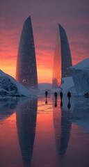 Sunrise over icy landscape, futuristic twin towers reflected